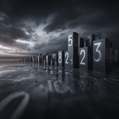 Dark surreal landscape with giant numbers rising from reflective ground