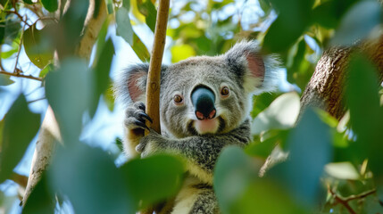 Obraz premium Koala climbing through the branches of a eucalyptus forest, blending into the natural greenery. 