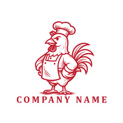 Bold monochrome logo of a proud chicken chef in classic hand-drawn style, strong and vintage.