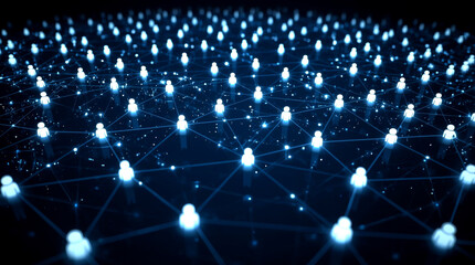 Connecting people on the internet, social network connection. dark blue, abstract background depicting a vast, interconnected network of human icons. White, stylized silhouettes of people are linked