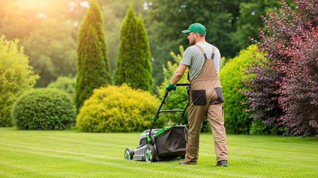 A man mows the lawn in a beautiful garden