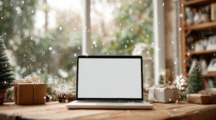 A laptop with a blank screen sits on a wooden table surrounded by wrapped gifts and snow, with a blurred garden view through a window in the background.