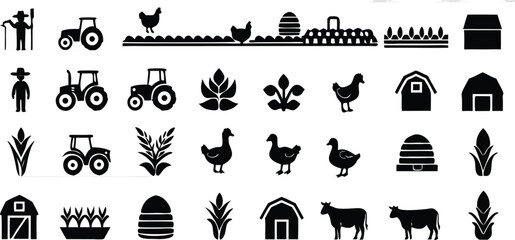 A bold farm icon pack containing farmers, tractors, chickens, ducks, barns, crops, wheat, hives, and plant icons to represent agriculture, livestock, and harvest themes in silhouette style Icons.