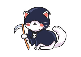 Adorable white cat dressed as a grim reaper holding a scythe in playful Halloween theme