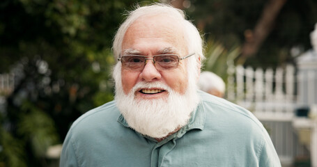 Happy, garden and portrait of senior man with smile for fresh air, wellness and relaxing outdoor. Retirement, nursing home and face of elderly person in nature for peace, health and assisted living