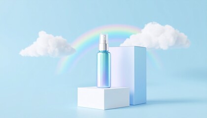 Iridescent spray bottle with matching gradient box on soft blue background, minimal product display with clouds, futuristic cosmetic packaging, clean and modern 3D render