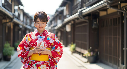 Fototapeta premium 着物の女性、古い街並み、夕方、美人、和装、伝統的建築、日本文化、観光地、笑顔、生成AI Woman in Kimono Traditional Townscape at Sunset Beautiful Japanese Architecture Smile Culture AI Generated