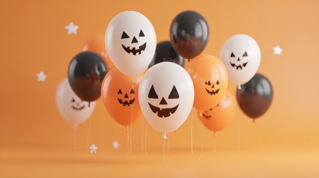 Halloween-themed balloons with jack-o'-lantern faces float against an orange background, creating a festive and playful atmosphere.