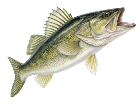 Detailed illustration of a walleye fish with its mouth open isolated on transparent background