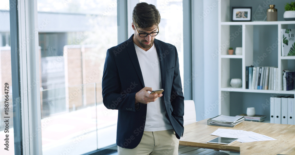 Wall mural texting, employee and man with phone, office and communication with contact on social media and web.