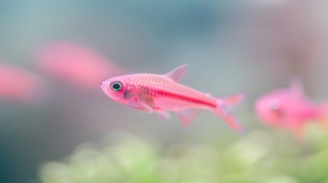 Close up of a vibrant pink glowfish swimming in a soft focus aquarium