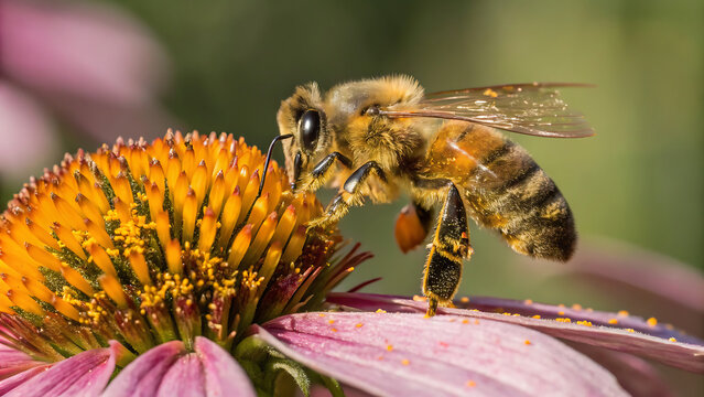 Bee Pollinating Flower in Garden A close-up of a bee extracting nectar from the center of a vibrant pink and orange coneflower in natural light.