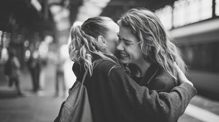 Two friends share a tight hug at a train station, a poignant moment of farewell or joyful reunion.

