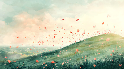 Serene Landscape with Falling Petals A Dreamy Meadow Illustration