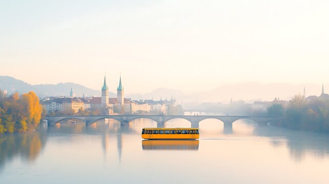 Yellow river ferry navigates calm waters under a misty morning sky