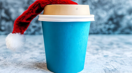 Blank paper coffee cup mockup with Santa hat