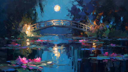 橋が照らす蓮池と月光の静寂な印象派夜景油彩画