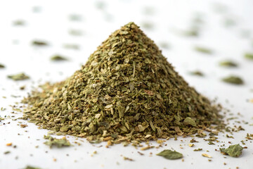 Dried oregano spice pyramid as herbal seasoning on white background