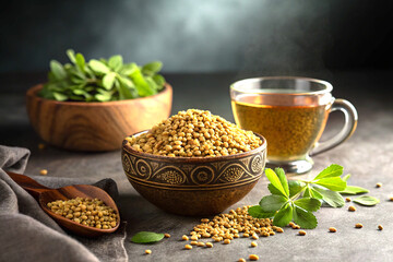Fenugreek seeds and herbal tea with green leaves in cinematic lighting