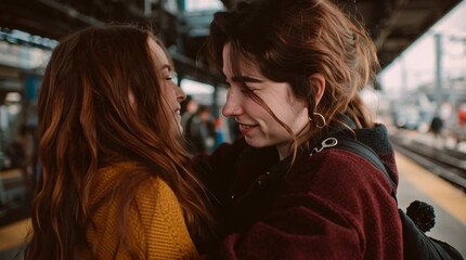 Two friends share a tight hug at a train station, a poignant moment of farewell or joyful reunion.

