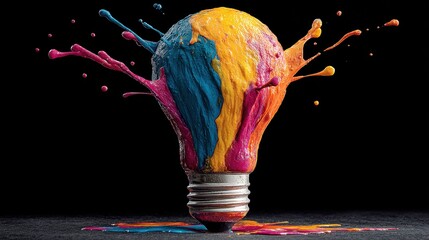 Creative splash of colorful paint exploding from a lightbulb on dark background symbolizing innovation, bright ideas and modern artistic inspiration for design and branding visuals