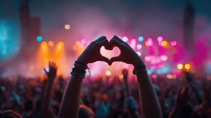 Hands form a heart shape against a vibrant, colorful concert stage with bright lights and a cheering crowd.