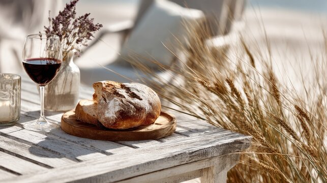 Rustic bread and glass of red wine on sunlit wooden table by the beach with dry grass in background perfect for lifestyle imagery, culinary blogs and Mediterranean outdoor dining visuals