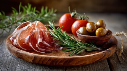 Rustic appetizer plate with prosciutto, green olives, rosemary and cherry tomatoes ideal for Mediterranean recipes, restaurant menus and gourmet food presentations