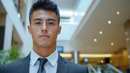 Portrait of a man with an angular face, strong jawline, and short black hair, wearing a suit as a banker, standing confidently in an office lobby. 