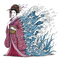 Fototapeta premium A stylized illustration of a geisha with a flowing kimono and a backdrop of powerful ocean waves.