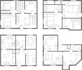 Modern residential house floor plan layout, top view architectural blueprint, multiple rooms, interior furniture, real estate planning, home design template