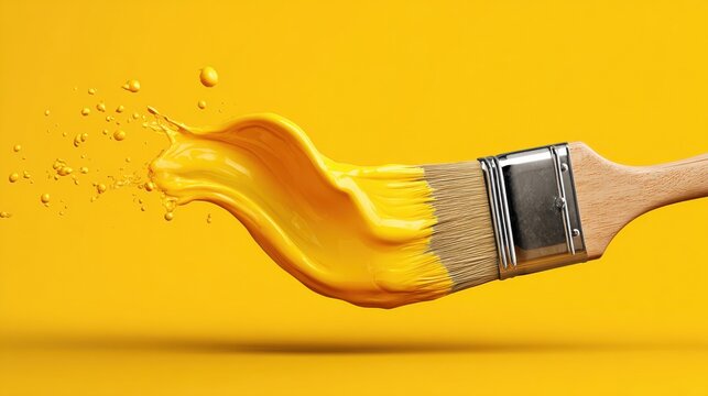 Yellow paintbrush stroke in motion with splash particles on solid yellow background perfect for design templates, artistic concepts and creative color-themed visuals