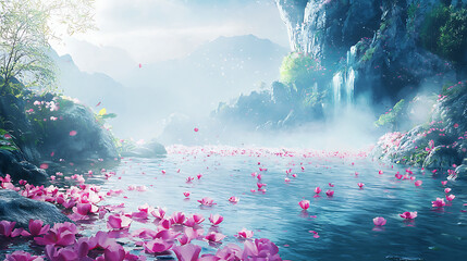 Serene Waterscape with Cascading Waterfall and Floating Flowers A Peaceful Natural Retreat Amidst Lush Greenery and Distant Mountains