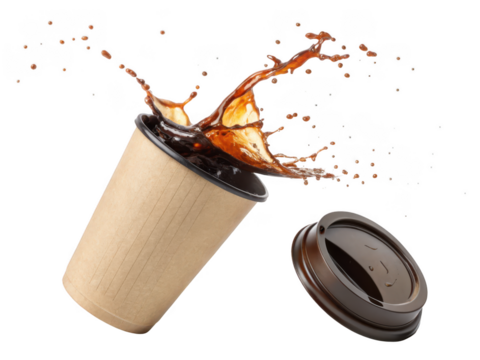 Dynamic coffee splash from a paper cup with lid falling off isolated on transparent background