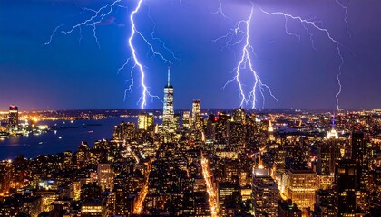 City skyline illuminated by dramatic lightning storm
