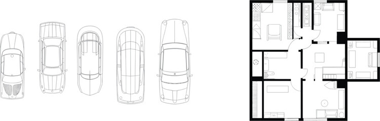 Top view car illustrations with detailed residential house floor plan layout for architectural design, planning, blueprint, construction, and real estate use.