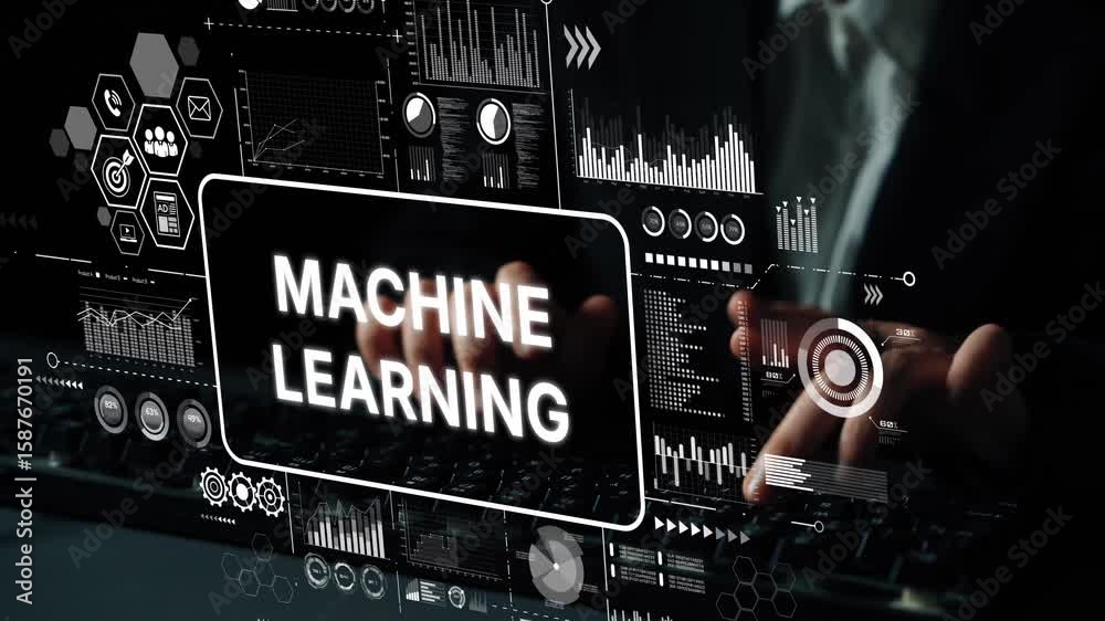 Poster hands typing on keyboard with machine learning graphics and data analysis elements, showcasing techn