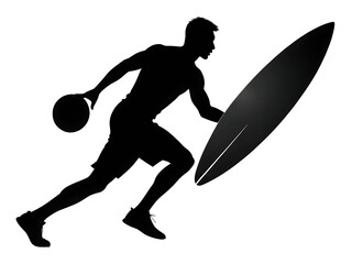black silhouette of a man playing basketball surfboard black on white background, PNG