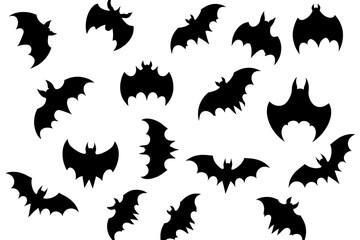 A collection of black bat silhouettes scattered across a white background in various orientations