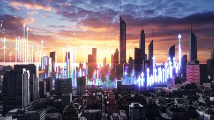 A mesmerizing cityscape with soaring skyscrapers stands against a colorful sunset sky, with data visualization, lights and modern architecture. - Powered by Adobe
