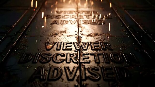 Cinematic Viewer Discretion Advised Warning Text on Industrial Metal Surface with Falling Sparks