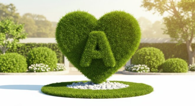 Heart shaped topiary with letter a carved into it isolated on white background