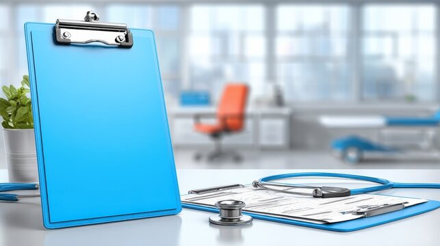 Blue clipboard and stethoscope on a desk in a bright medical office setting, with a blurred background featuring an orange chair and examination table. - Powered by Adobe