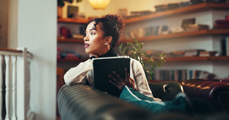 Tablet, thinking and research with business woman for publishing, editing and reflection. Author...