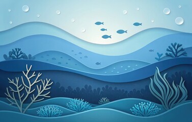 Whimsical paper cutout underwater scene with silhouetted fish and coral