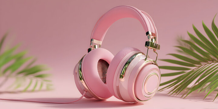 Stylish pink over ear headphones with gold accents sit on a soft pink surface with blurred green palm leaves in the background
