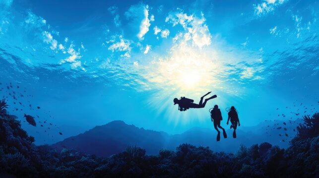 Three scuba divers explore an underwater world teeming with marine life, silhouetted against a bright, sunlit ocean surface.
