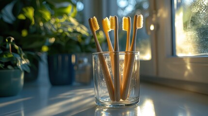 Sustainable toothbrushes in a glass