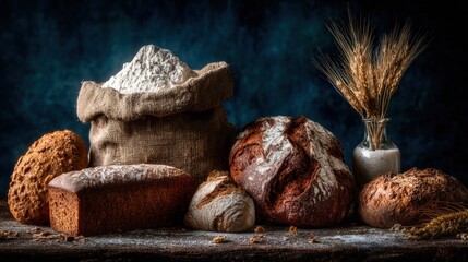 Rustic assortment of freshly baked bread with a burlap sack of flour and wheat stalks on a wooden table against a dark background.