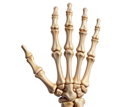Detailed Human Hand Skeleton with Bones and Joints, Front View, Isolated PNG